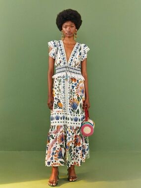 NWOT FARM Rio White Floral Maxi Dress with Blue, Green & Orange Motif